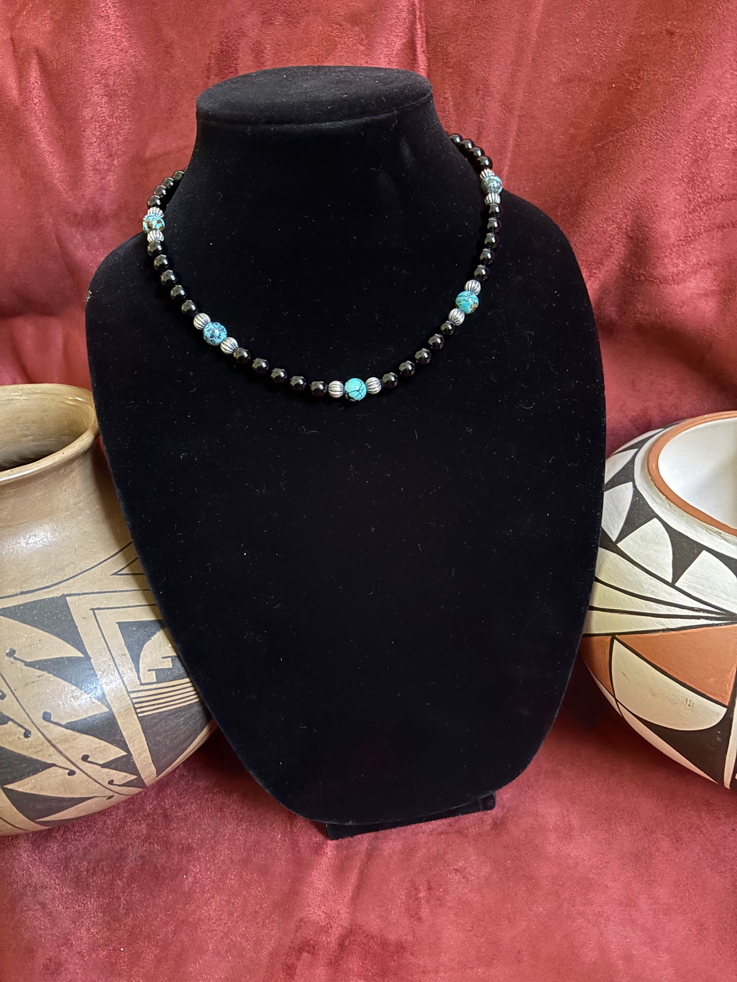 17” Black Onyx, Spiderweb Turquoise, and Silver Melon Necklace