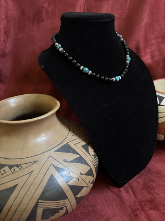 17” Black Onyx, Spiderweb Turquoise, and Silver Melon Necklace