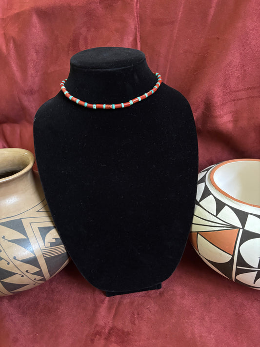13.5” Pipe Stone Jasper and Kingman Turquoise Heishi Choker Necklace