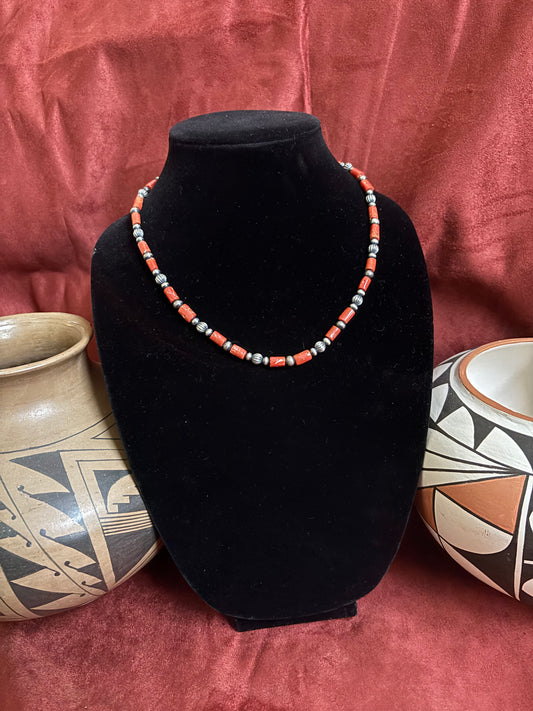 18” Mediterranean Coral and Silver Pearl Necklace