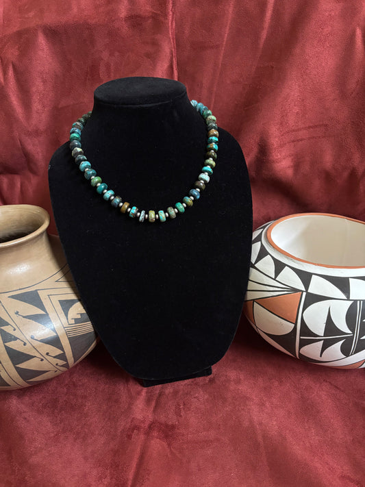 17” Cloud Mountain Polychrome Turquoise and Silver Pearl Necklace