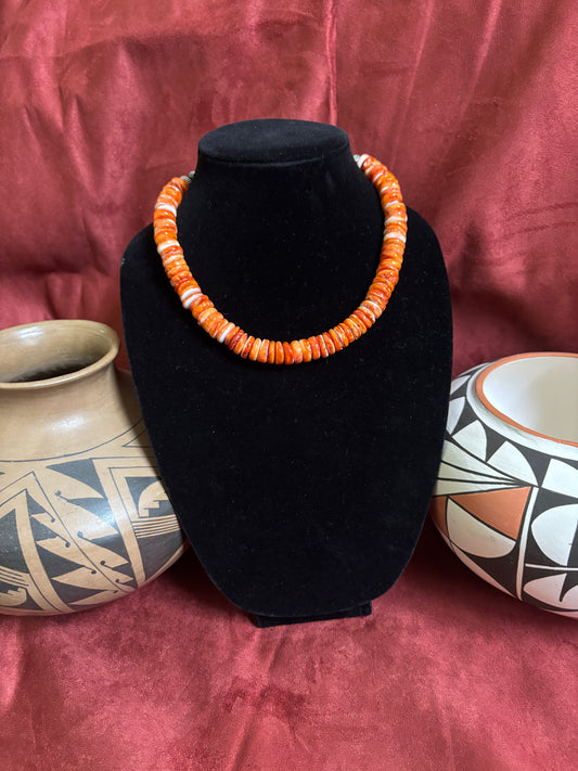 18” Orange Spiny Oyster Heishi Necklace with Graduated Melon Beads