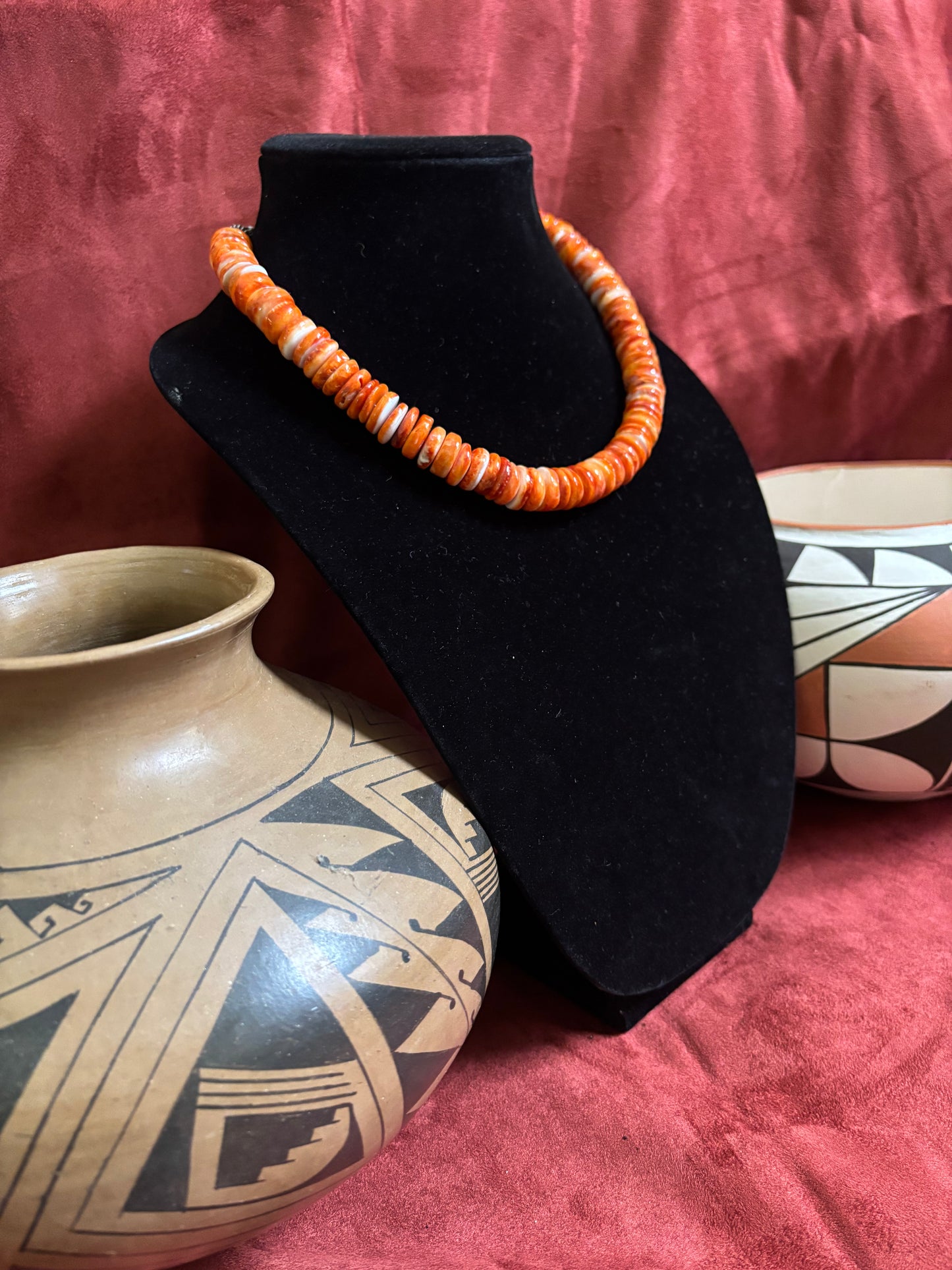 18” Orange Spiny Oyster Heishi Necklace with Graduated Melon Beads