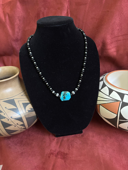 24” Black Onyx, Silver Pearl, and Sonoran Center Necklace