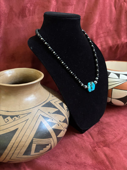 24” Black Onyx, Silver Pearl, and Sonoran Center Necklace