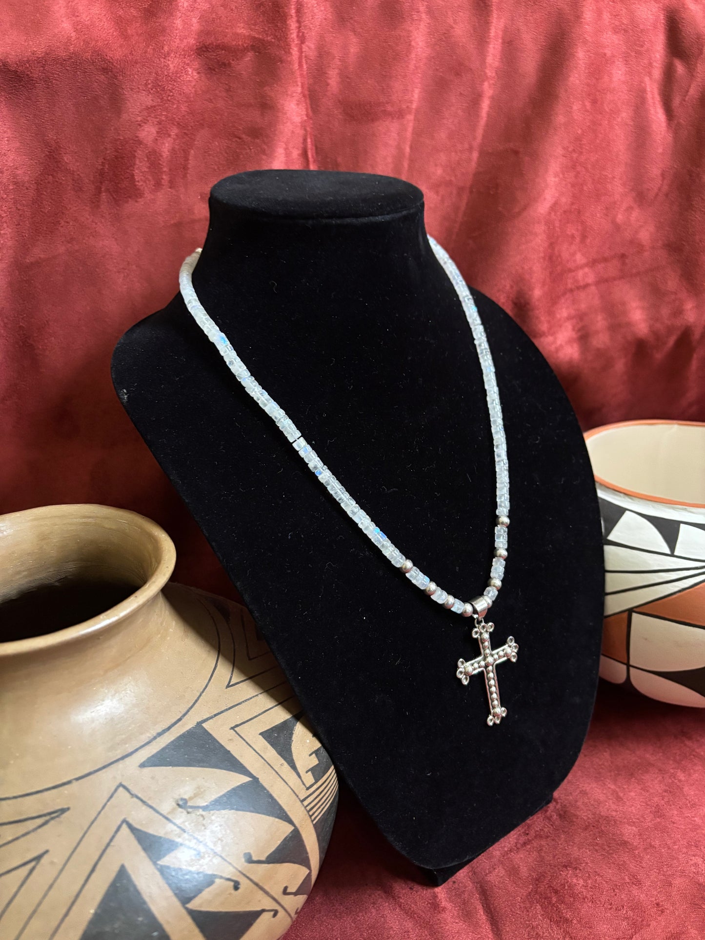20” Moonstone and Silver Necklace with Dan Dodson Cross Pendant
