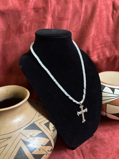 20” Moonstone and Silver Necklace with Dan Dodson Cross Pendant