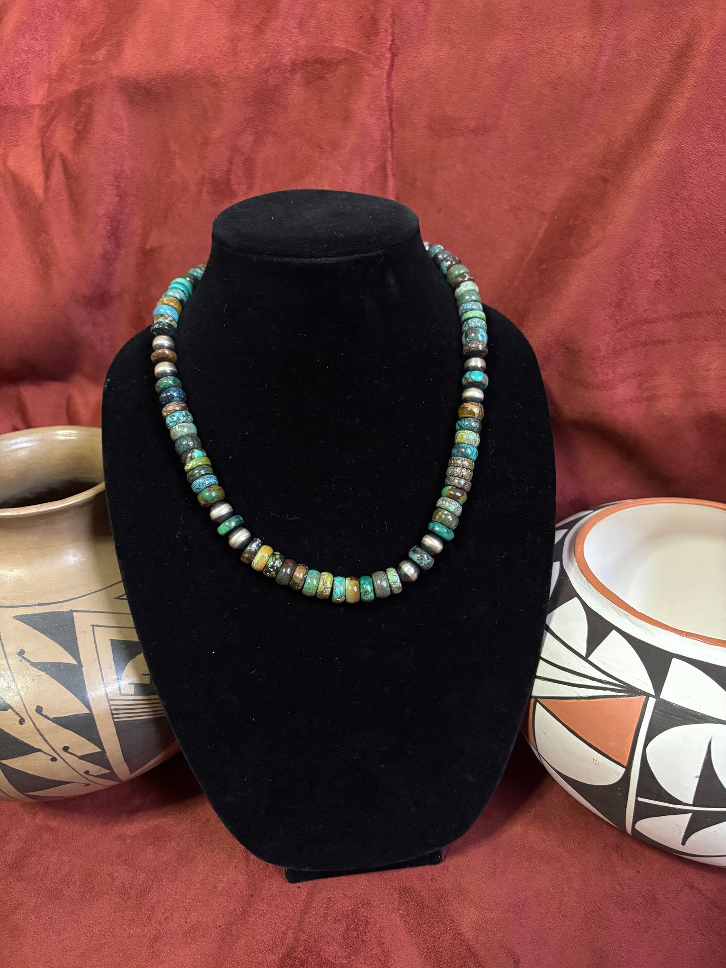 19” Polychrome Cloud Mountain Turquoise & Mustang Silver Pearls Necklace