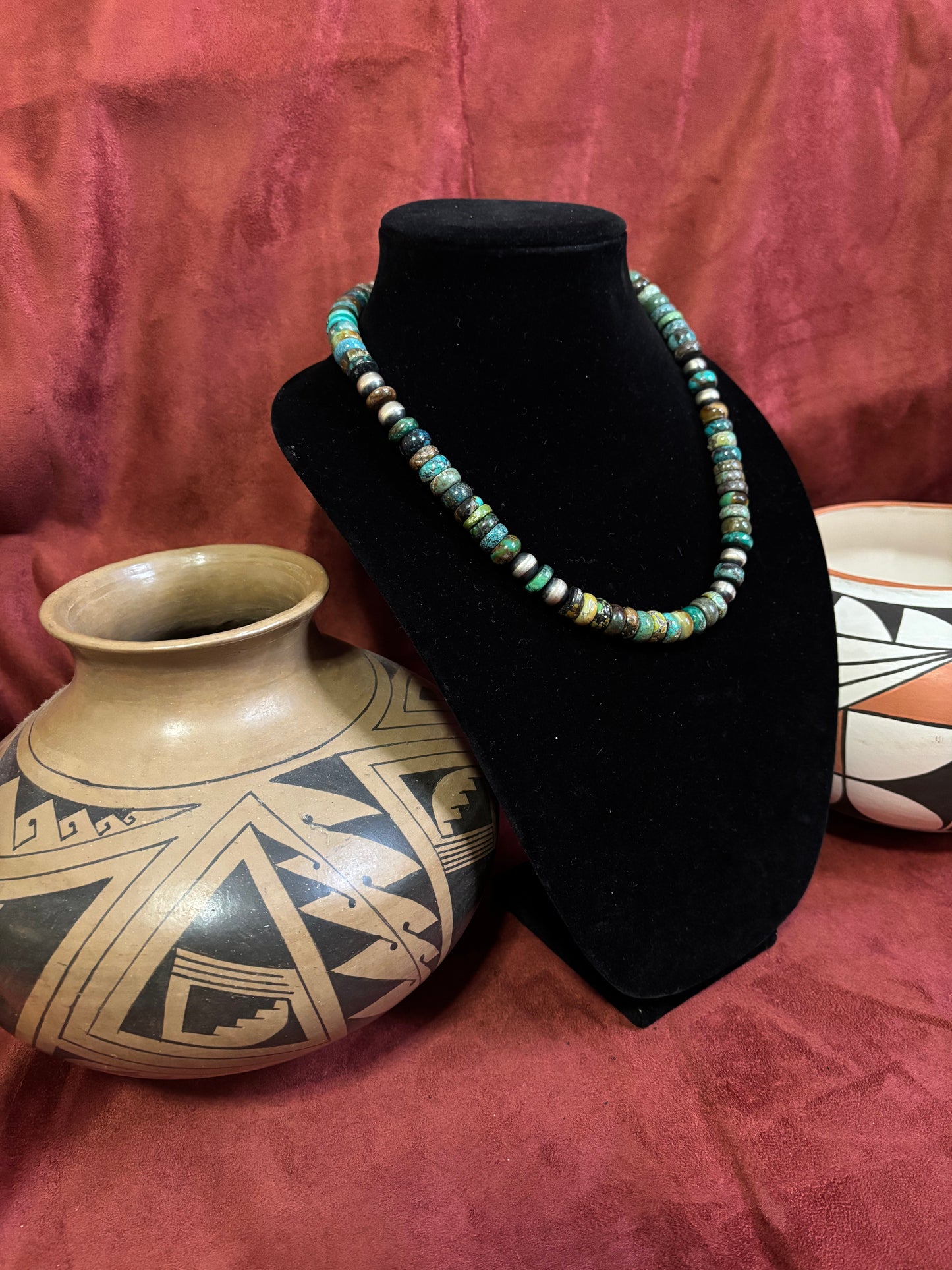 19” Polychrome Cloud Mountain Turquoise & Mustang Silver Pearls Necklace