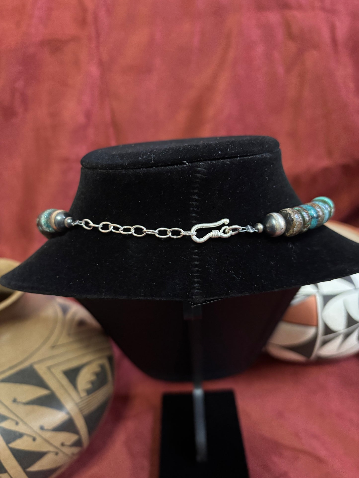 19” Polychrome Cloud Mountain Turquoise & Mustang Silver Pearls Necklace