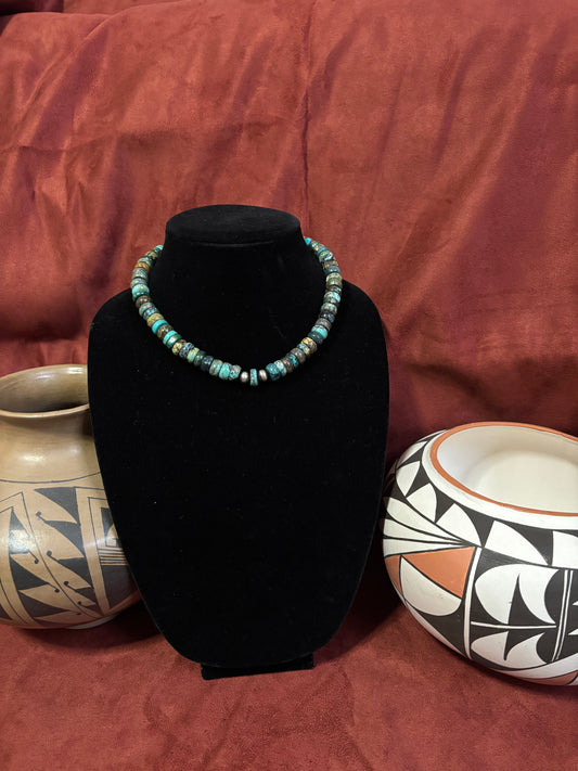 15” Polychrome Cloud Mountain Turquoise Rondelle Necklace with Mustang Silver Pearls