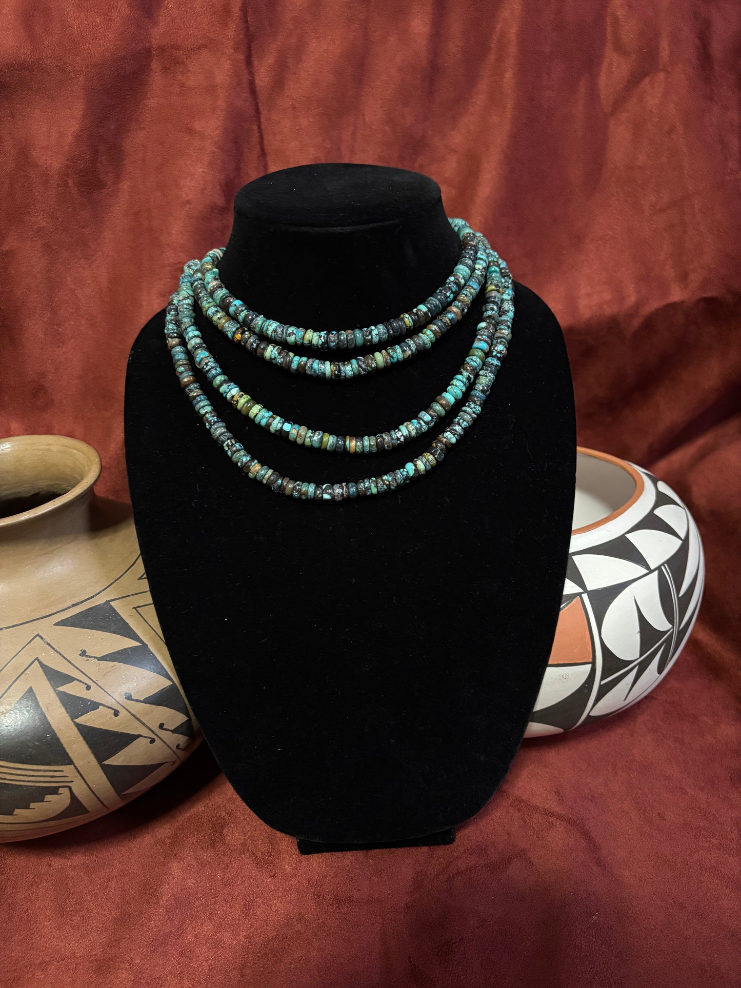 19” Polychrome Cloud Mountain Turquoise Rondelle Necklace with Mustang Silver Pearls