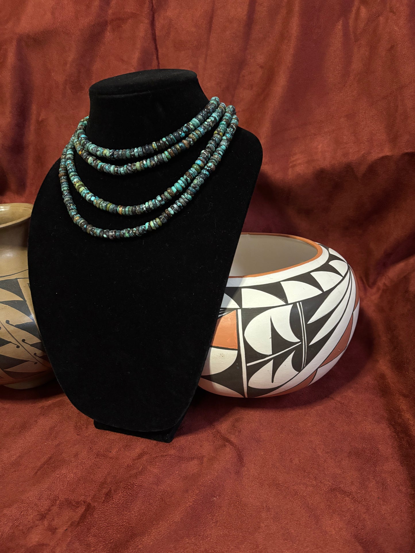 19” Polychrome Cloud Mountain Turquoise Rondelle Necklace with Mustang Silver Pearls