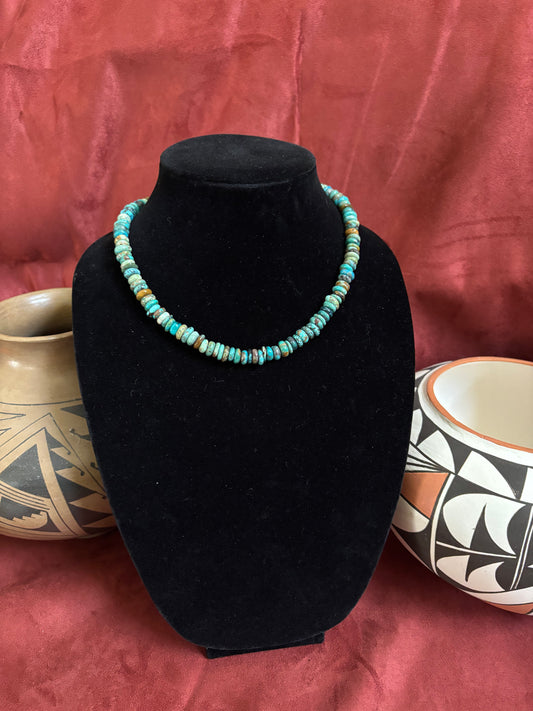 16” Green Hubei Turquoise Rondelle Necklace with Silver Pearl Ends