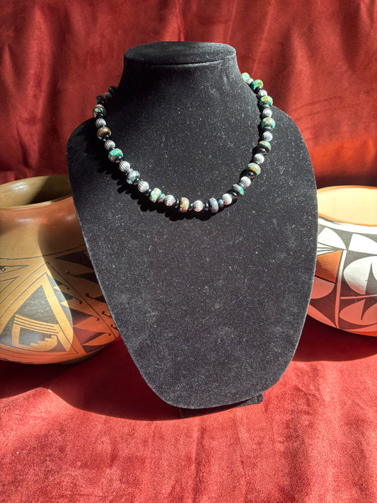 17” Polychrome Turquoise & Black Onyx Necklace with Sterling Silver Pumpkin Pearls