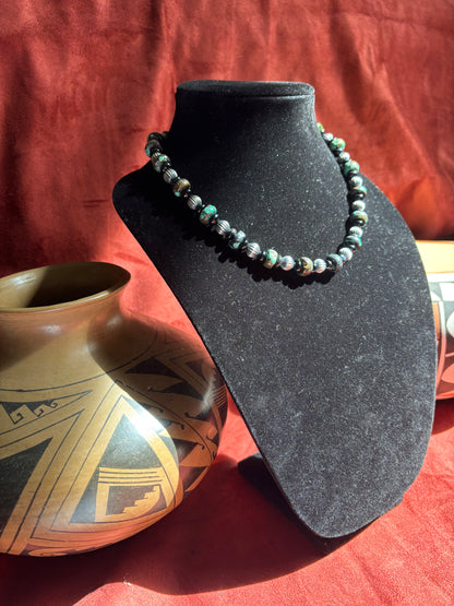 17” Polychrome Turquoise & Black Onyx Necklace with Sterling Silver Pumpkin Pearls