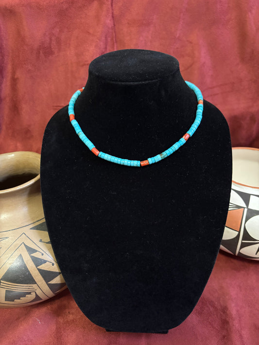 17” Lone Mountain Turquoise Heishi Necklace with Mediterranean Coral Accents