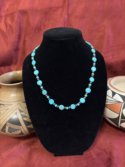 20” Lone Mountain Turquoise Tablet Bead Necklace with Silver Saucer Pearls