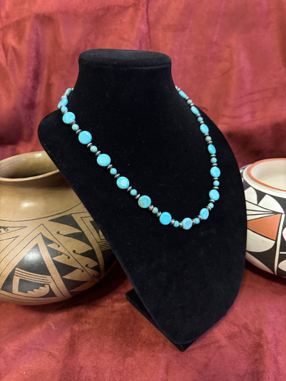 20” Lone Mountain Turquoise Tablet Bead Necklace with Silver Saucer Pearls