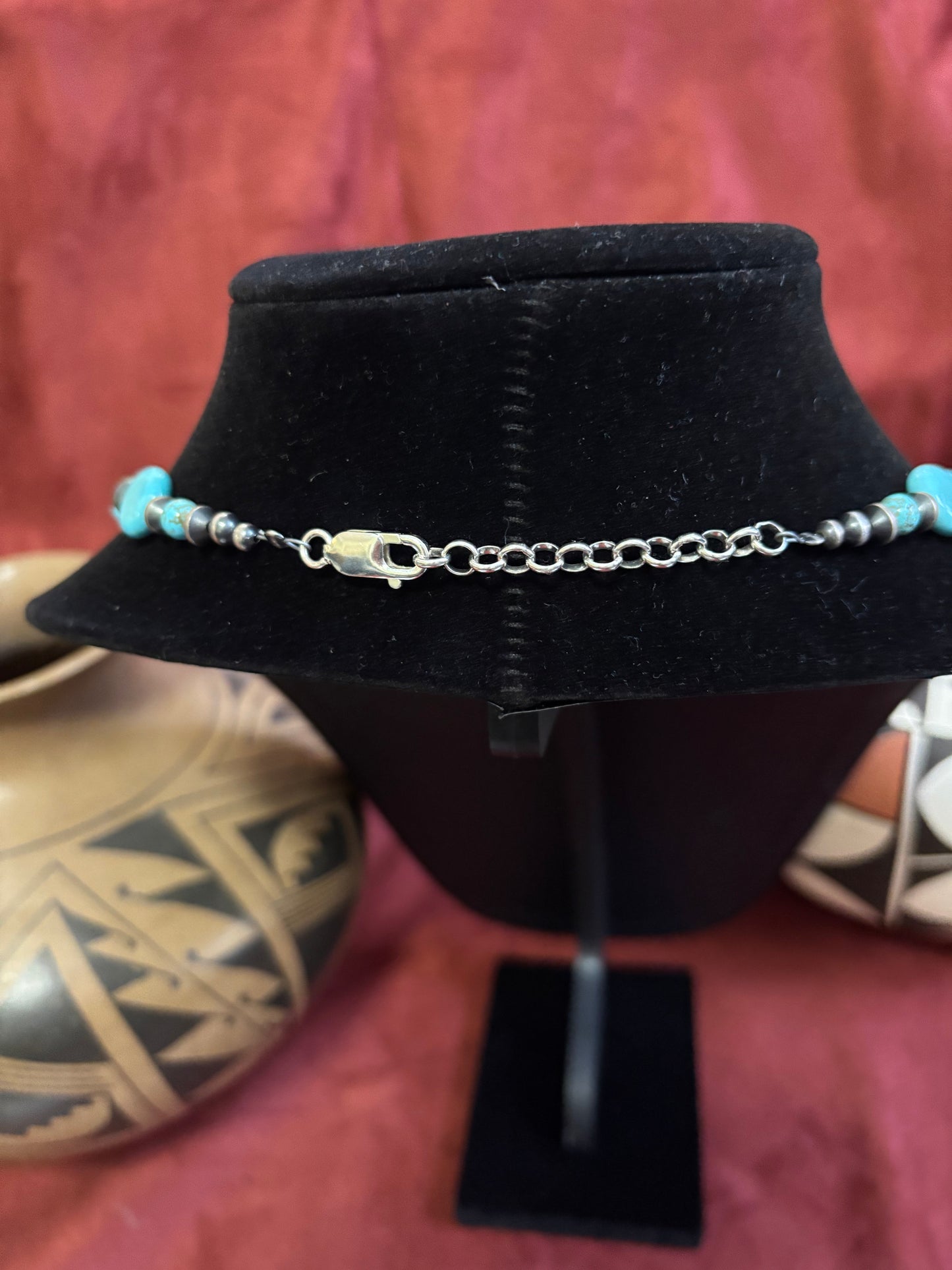 20” Lone Mountain Turquoise Tablet Bead Necklace with Silver Saucer Pearls