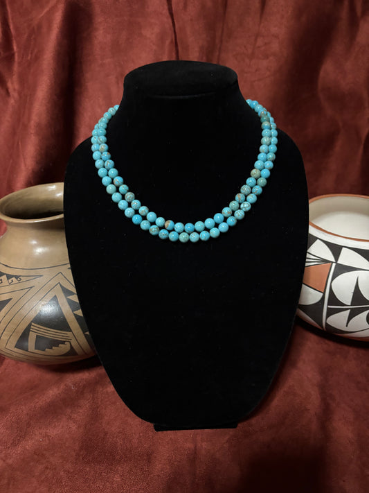 17” 8mm Round Lone Mountain Turquoise Necklace with Silver Pearl Ends