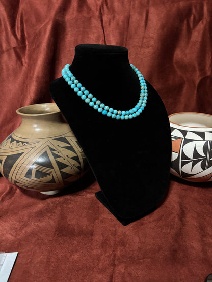17” 8mm Round Lone Mountain Turquoise Necklace with Silver Pearl Ends