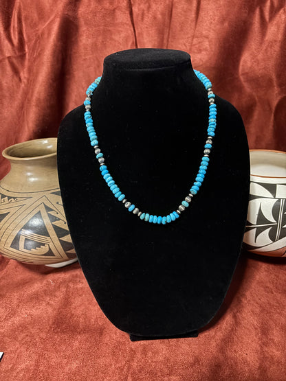 19” 8mm Natural Premium Lone Mountain Turquoise Rondelle Necklace with Sterling Silver Accents