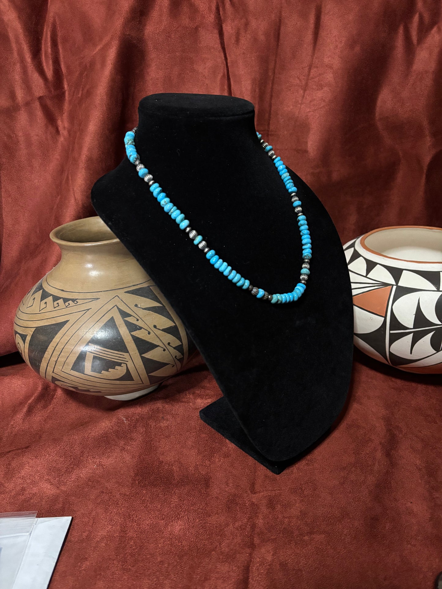 19” 8mm Natural Premium Lone Mountain Turquoise Rondelle Necklace with Sterling Silver Accents