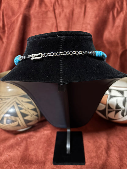 19” 8mm Natural Premium Lone Mountain Turquoise Rondelle Necklace with Sterling Silver Accents