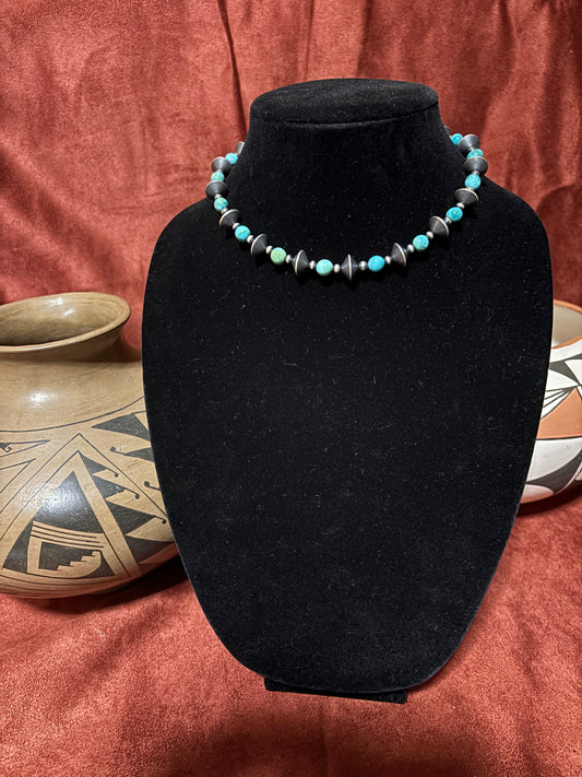 15.5” Lone Mountain Turquoise Necklace with Mustang Silver Pearls