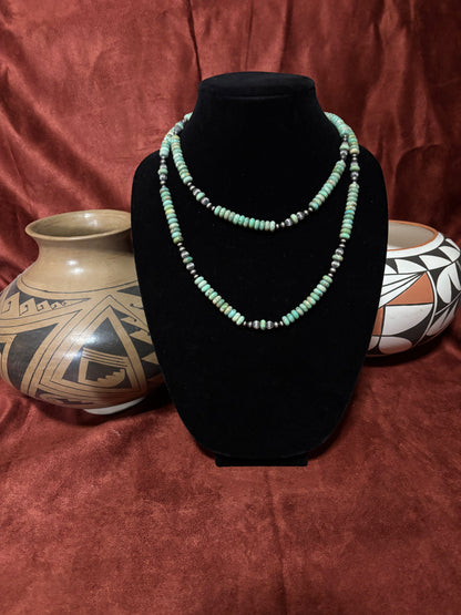 42” Sage Green Mǎ-Shàn Turquoise & Mustang Silver Pearl Necklace