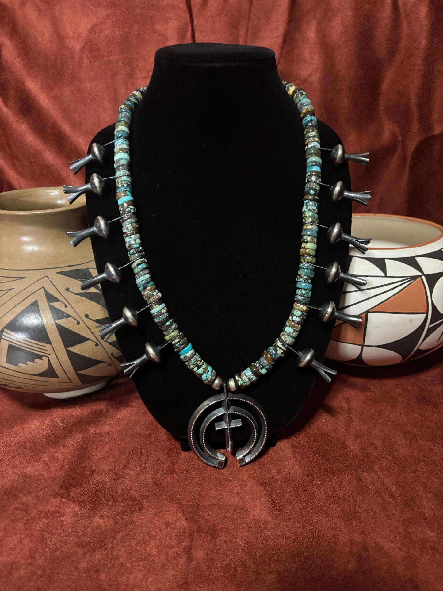 30” Polychrome Cloud Mountain Turquoise Squash Blossom Necklace