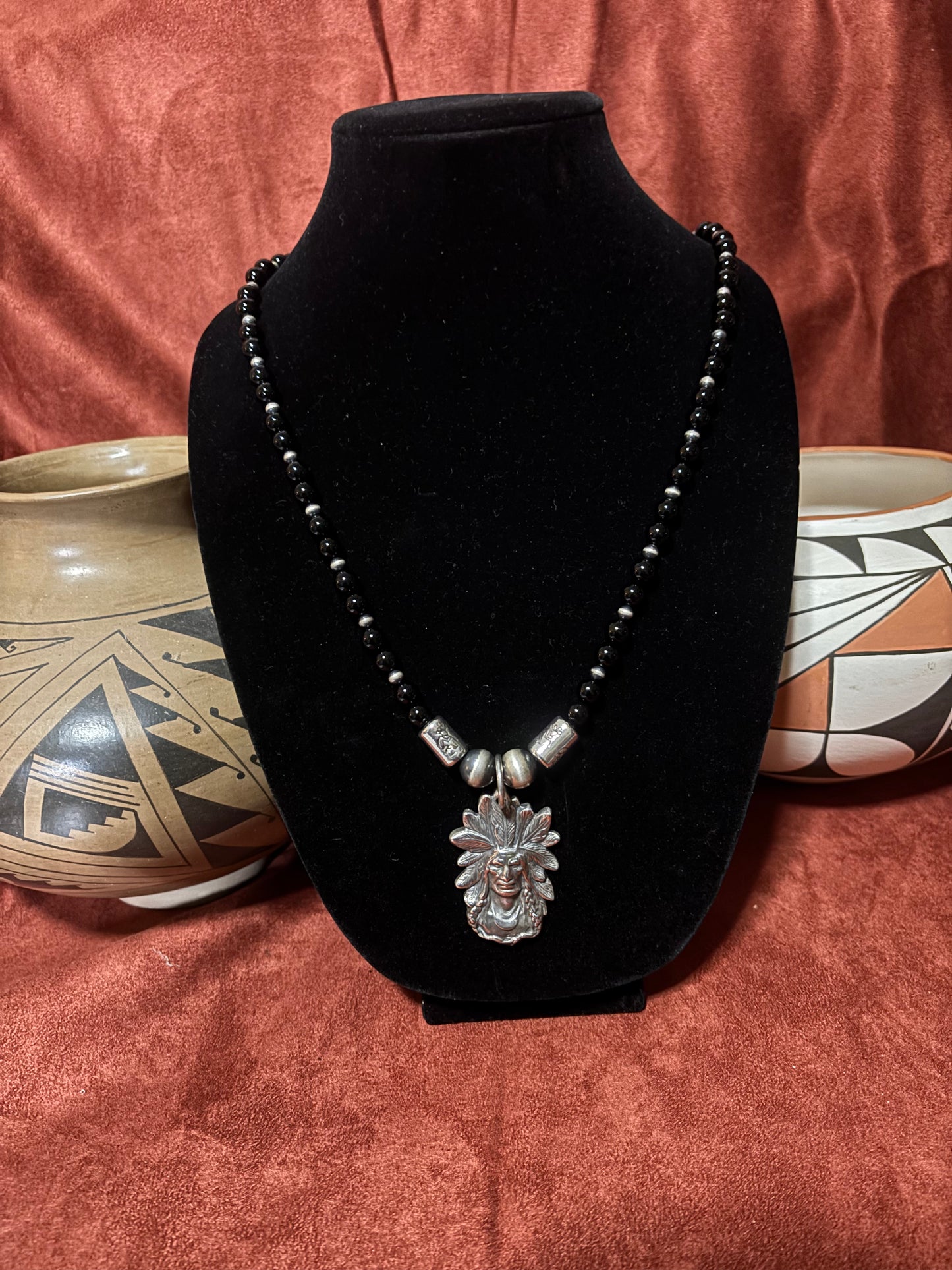 26” Black Onyx Necklace with Silver Pearls