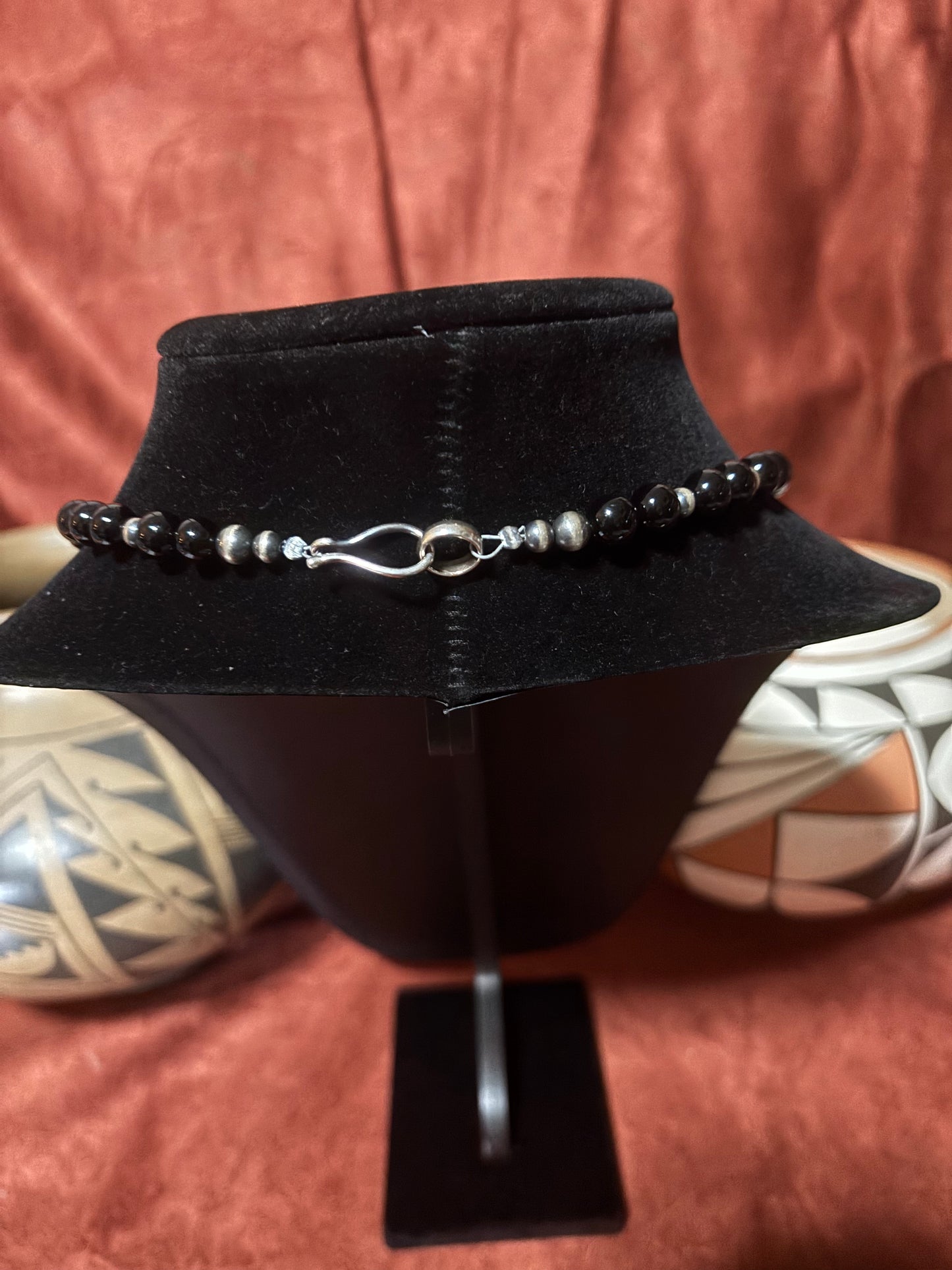 26” Black Onyx Necklace with Silver Pearls