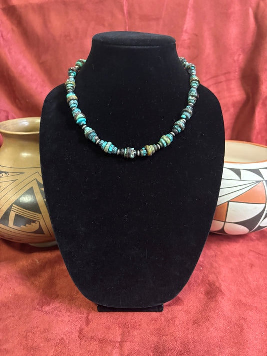 16” Polychrome Cloud Mountain Turquoise Necklace with Mustang Silver Saucer Beads