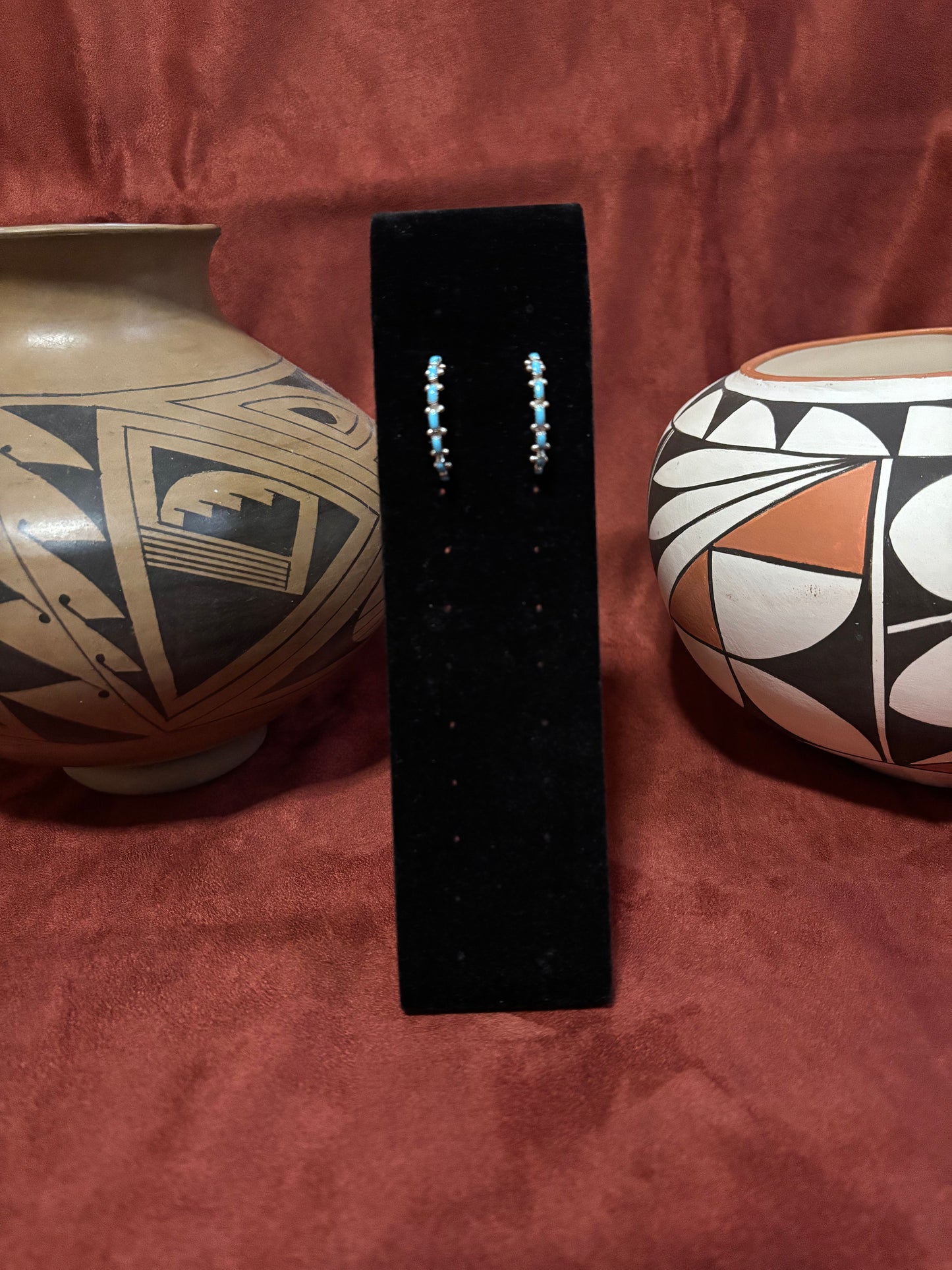 Navajo Handmade Sterling Silver Turquoise Hoop Earrings by Alvin Huglite