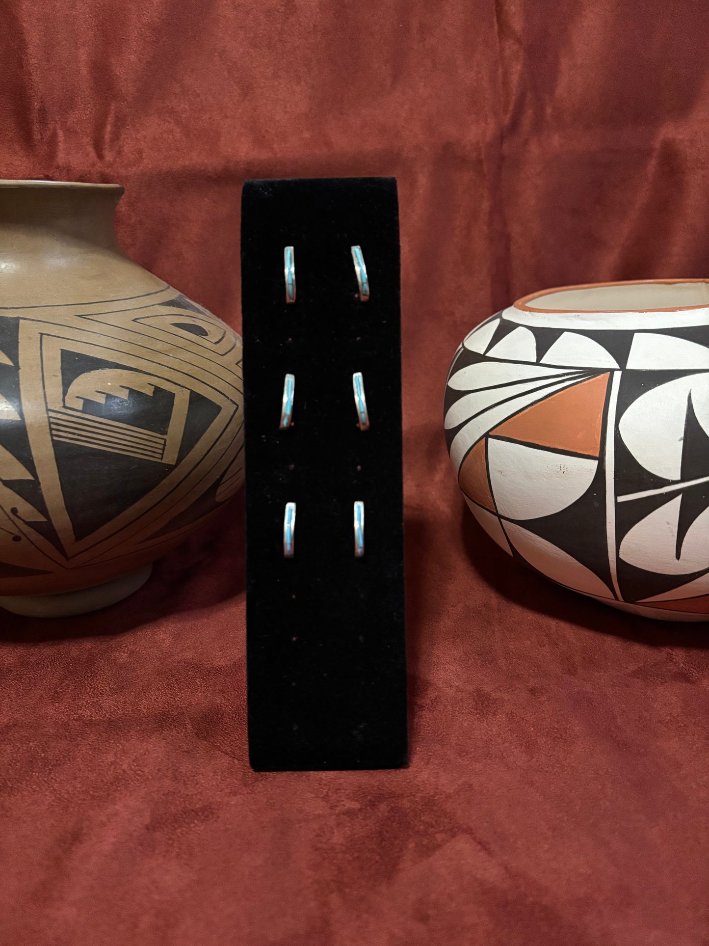 Navajo Handmade Sterling Silver Turquoise Inlay Hoop Earrings by Kent Lanjose