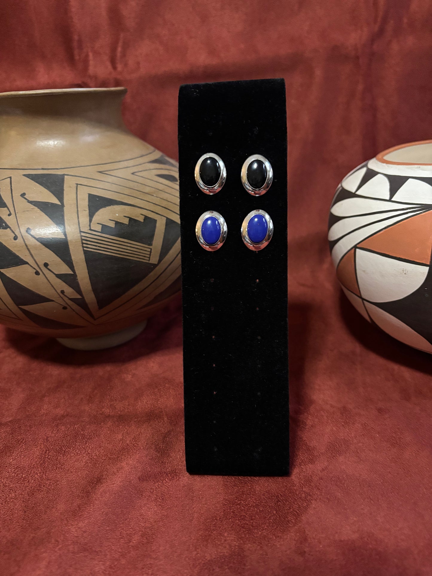 Sterling Silver Oval Stud Earrings – Onyx & Lapis Options