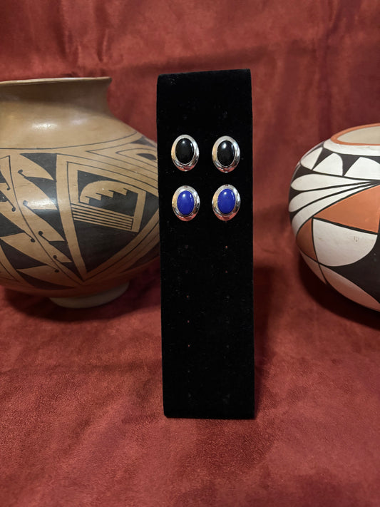 Sterling Silver Oval Stud Earrings – Onyx & Lapis Options