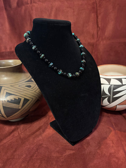 18” Black Onyx & Polychrome Cloud Mountain Turquoise Necklace