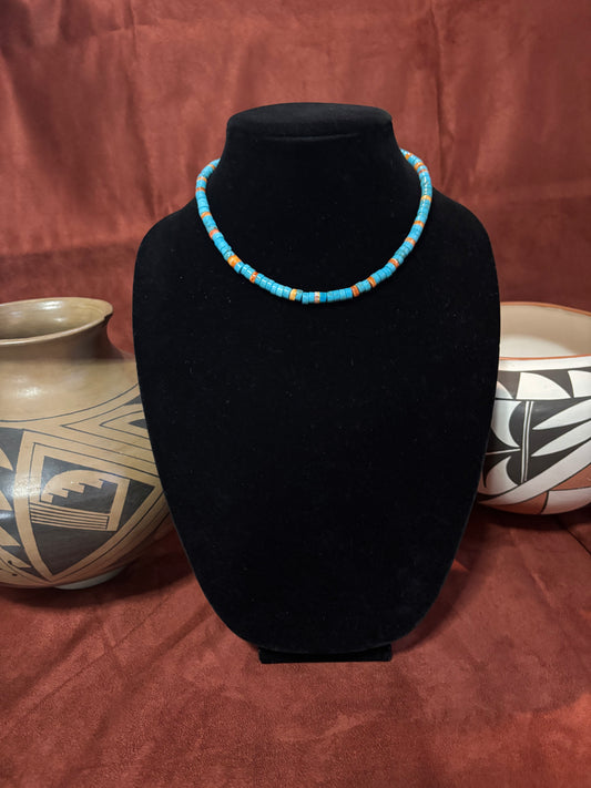 14” Lone Mountain Turquoise Heishi Necklace with Spiny Oyster Accents