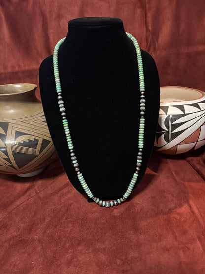 24” Ma’Shan Green Turquoise Rondelle Necklace with Sterling Silver Pearls