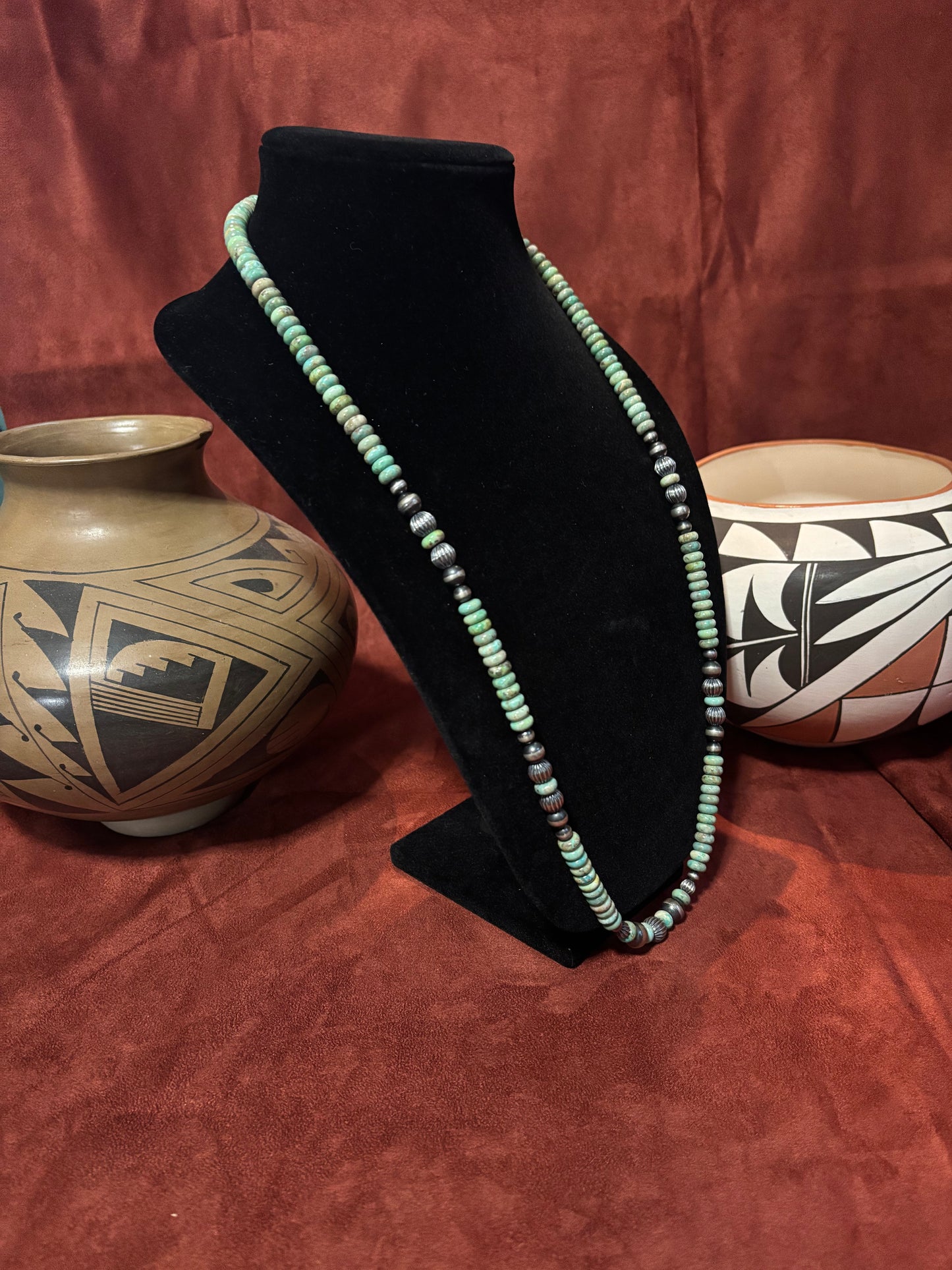 24” Ma’Shan Green Turquoise Rondelle Necklace with Sterling Silver Pearls