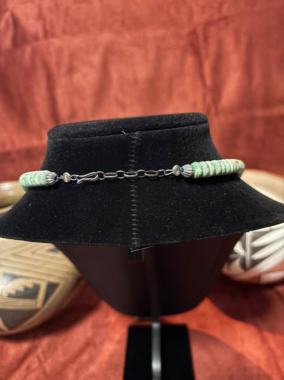 24” Ma’Shan Green Turquoise Rondelle Necklace with Sterling Silver Pearls