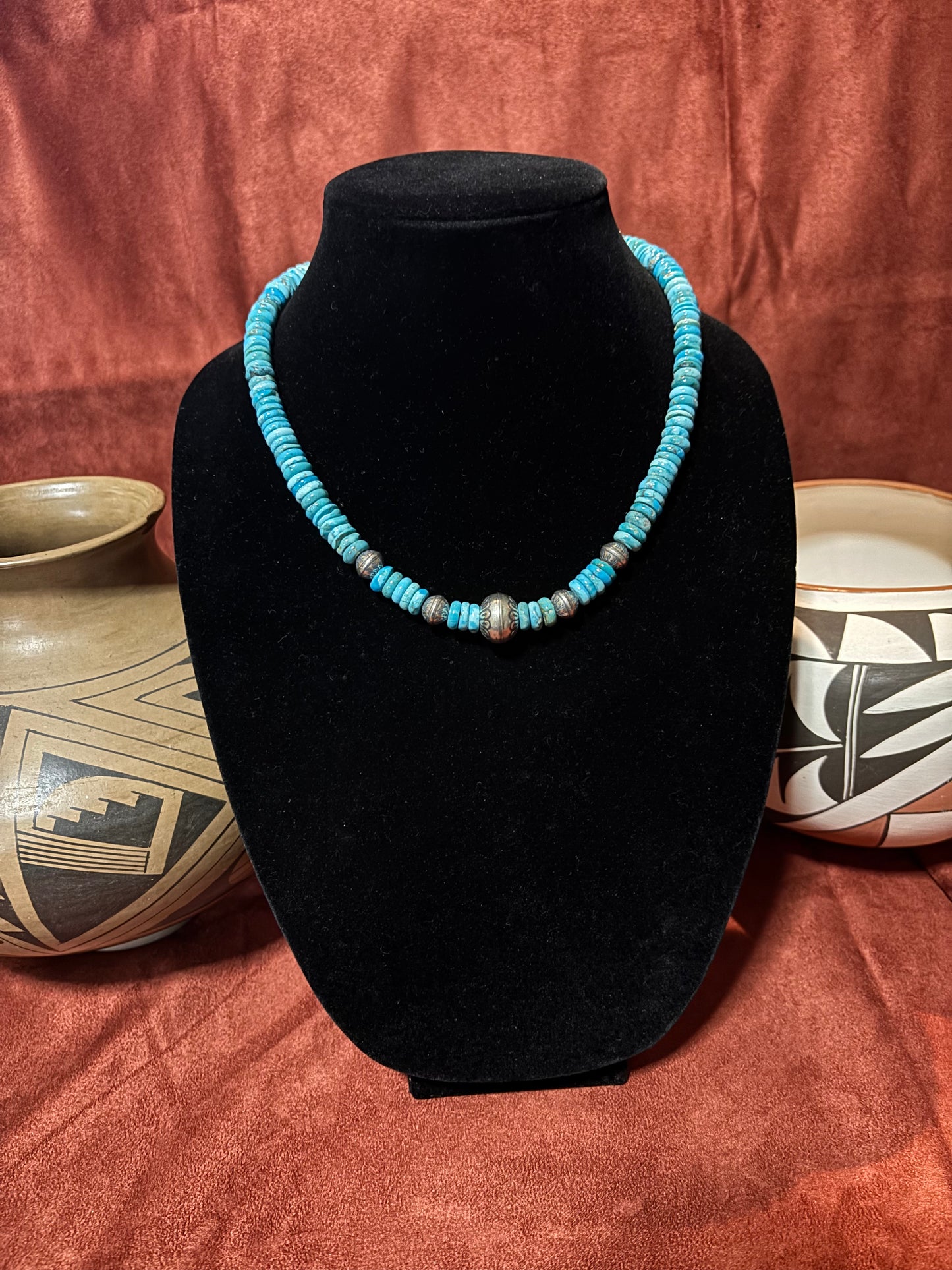 18” 8mm Lone Mountain Turquoise Necklace with Navajo Pearls