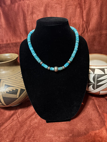 18” 8mm Lone Mountain Turquoise Necklace with Navajo Pearls