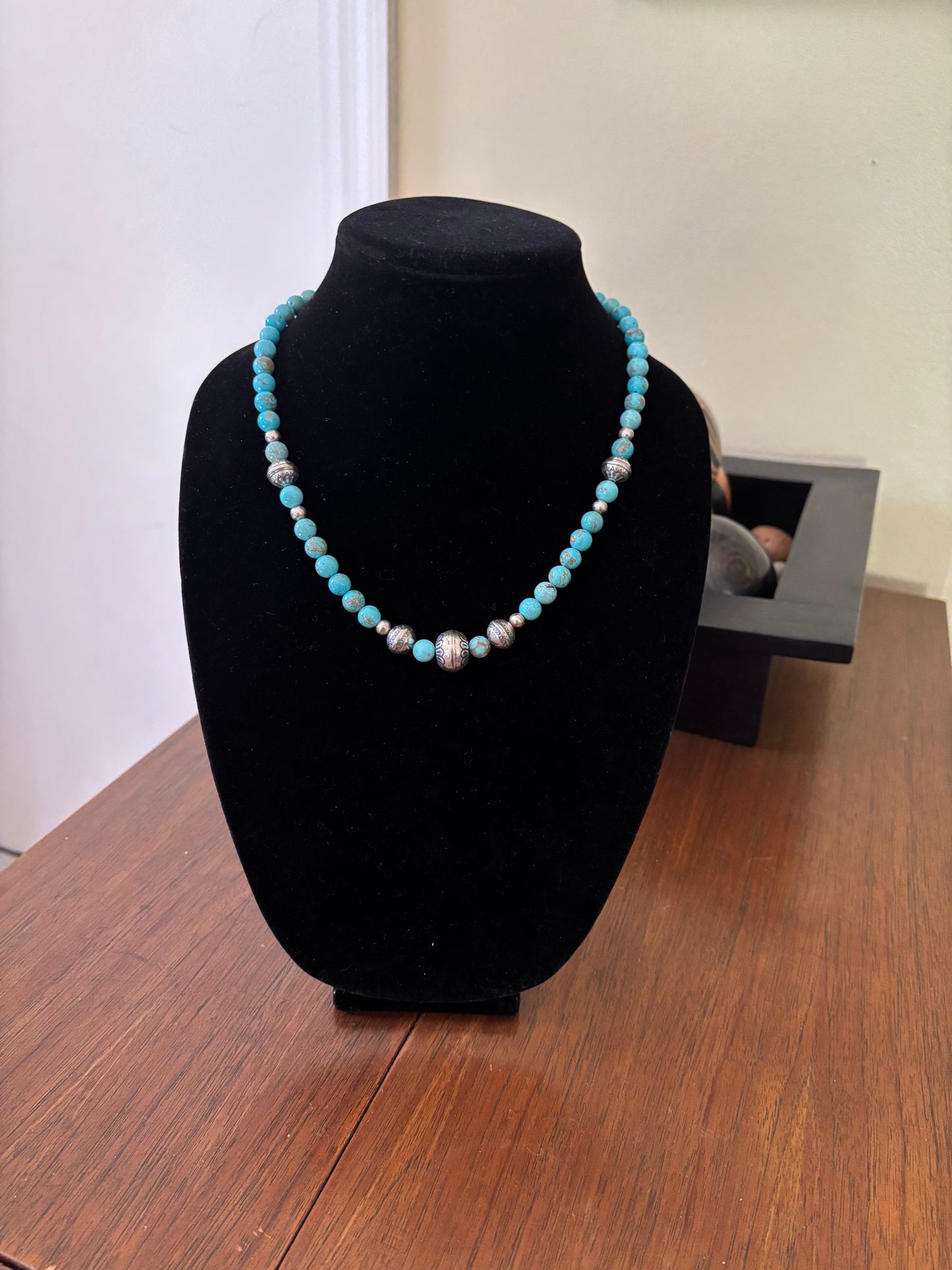 21” Blue-Green Kingman Turquoise Necklace with Stamped Navajo Pearl Accents