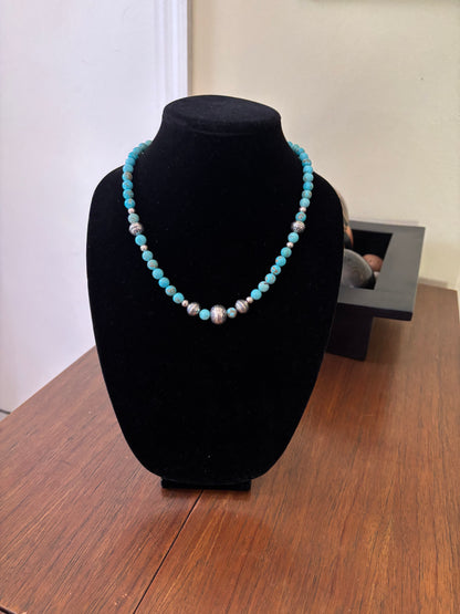 21” Blue-Green Kingman Turquoise Necklace with Stamped Navajo Pearl Accents