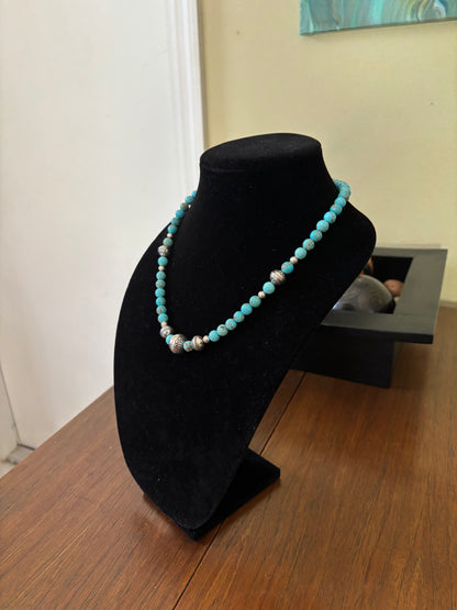 21” Blue-Green Kingman Turquoise Necklace with Stamped Navajo Pearl Accents