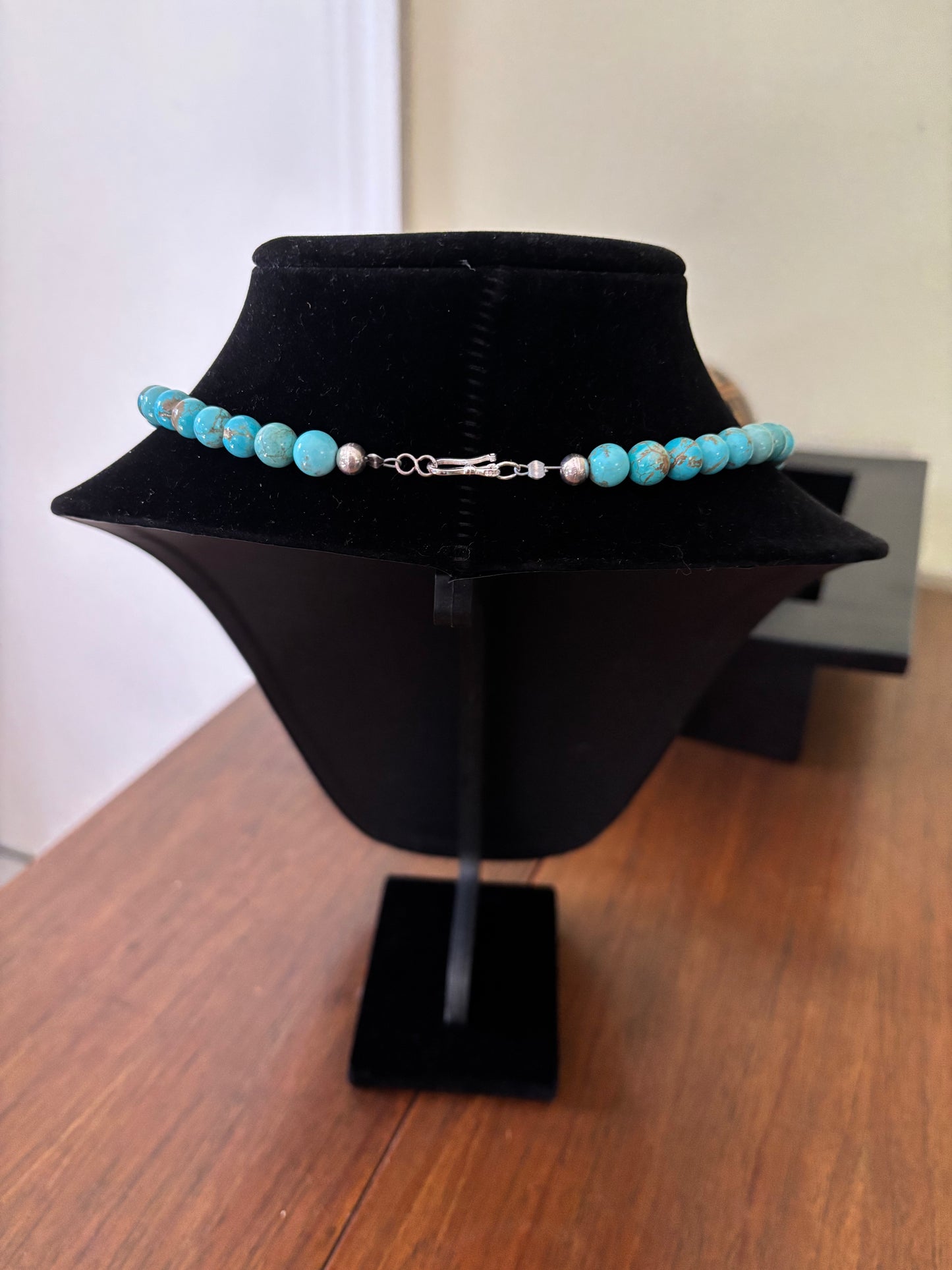 21” Blue-Green Kingman Turquoise Necklace with Stamped Navajo Pearl Accents